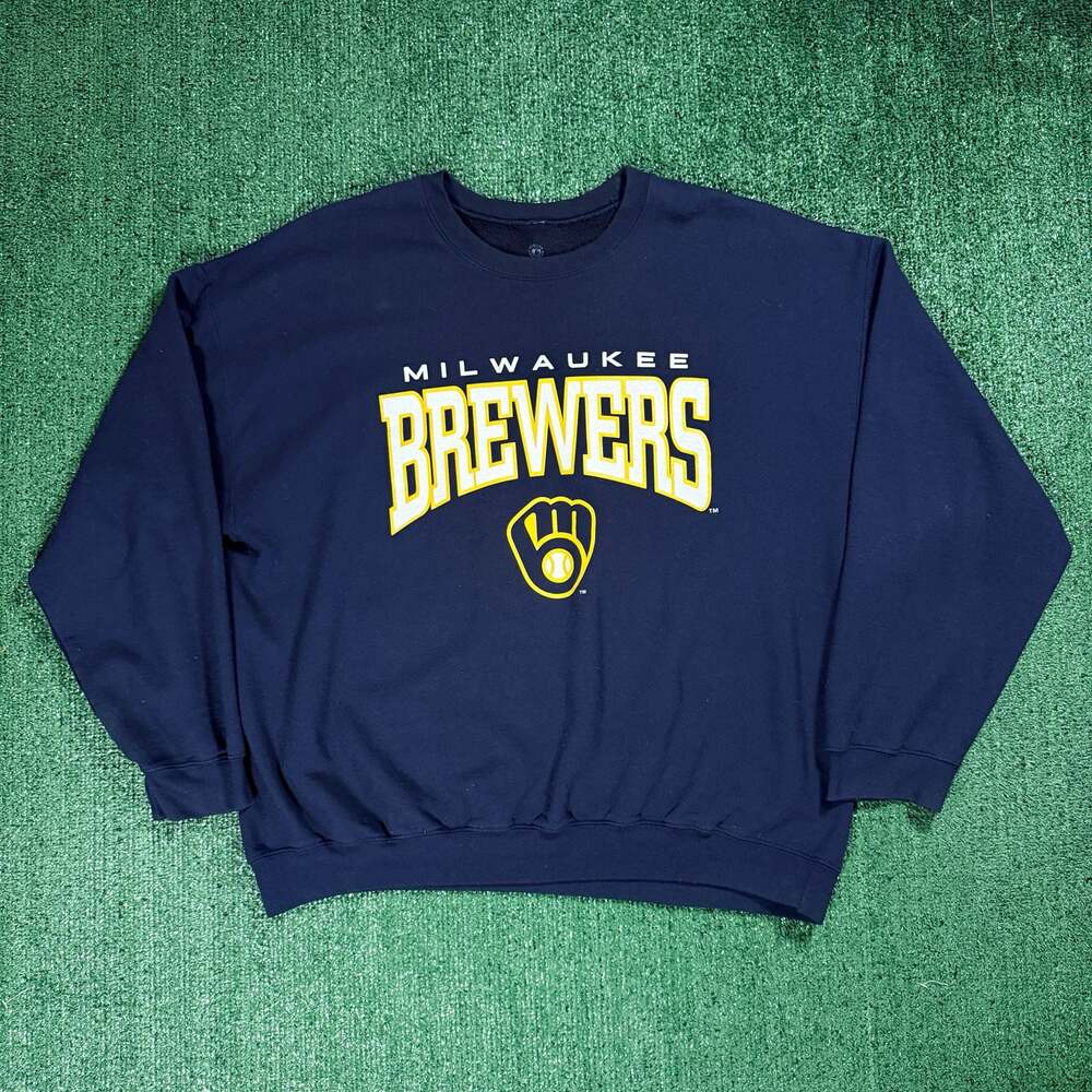 Mens Milwaukee Brewers MLB Baseball Crewneck Sweatshirt Navy XL